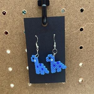Blue dinosaur perler bead earrings
